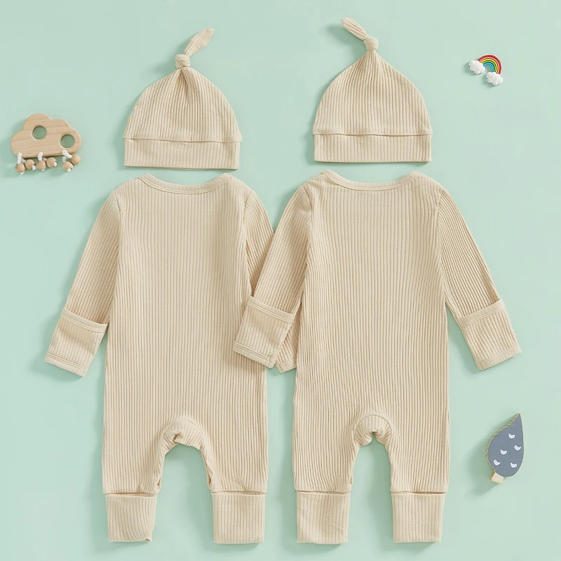 Newborn Baby Girl Boy Twins Matching Outfits Womb Mates Knitted Romper Mitten Cuffs Jumpsuit with Hat Fall Clothes