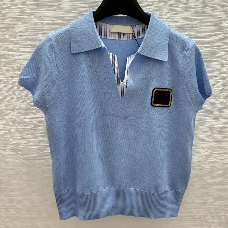 

High-quality women's knitted sweater with double V-shaped one-piece collar and patch short sleeve fashion 25621185