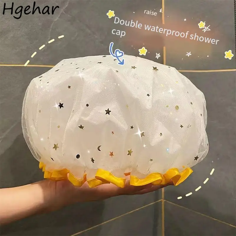 Double-layer Water-proof Shower Caps Women Bathroom Accessories Bathing Hat Thicken Adults Kitchen Anti-oil Fume Hair Covers