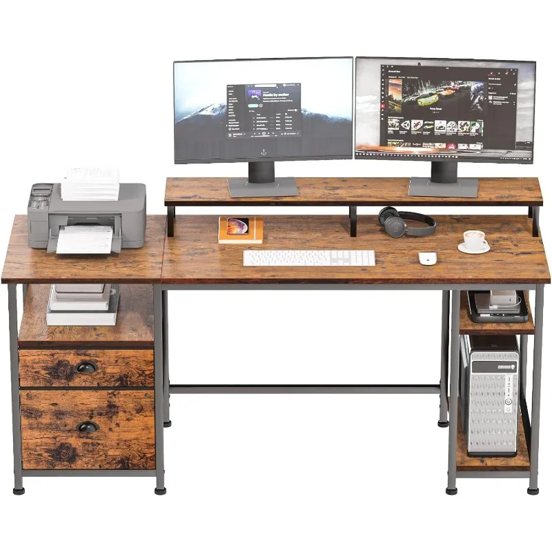 

61" Desk with Fabric File Drawer, Reversible Computer Desk with Shelves and Drawer, with Monitor Stand, Rustic Brown