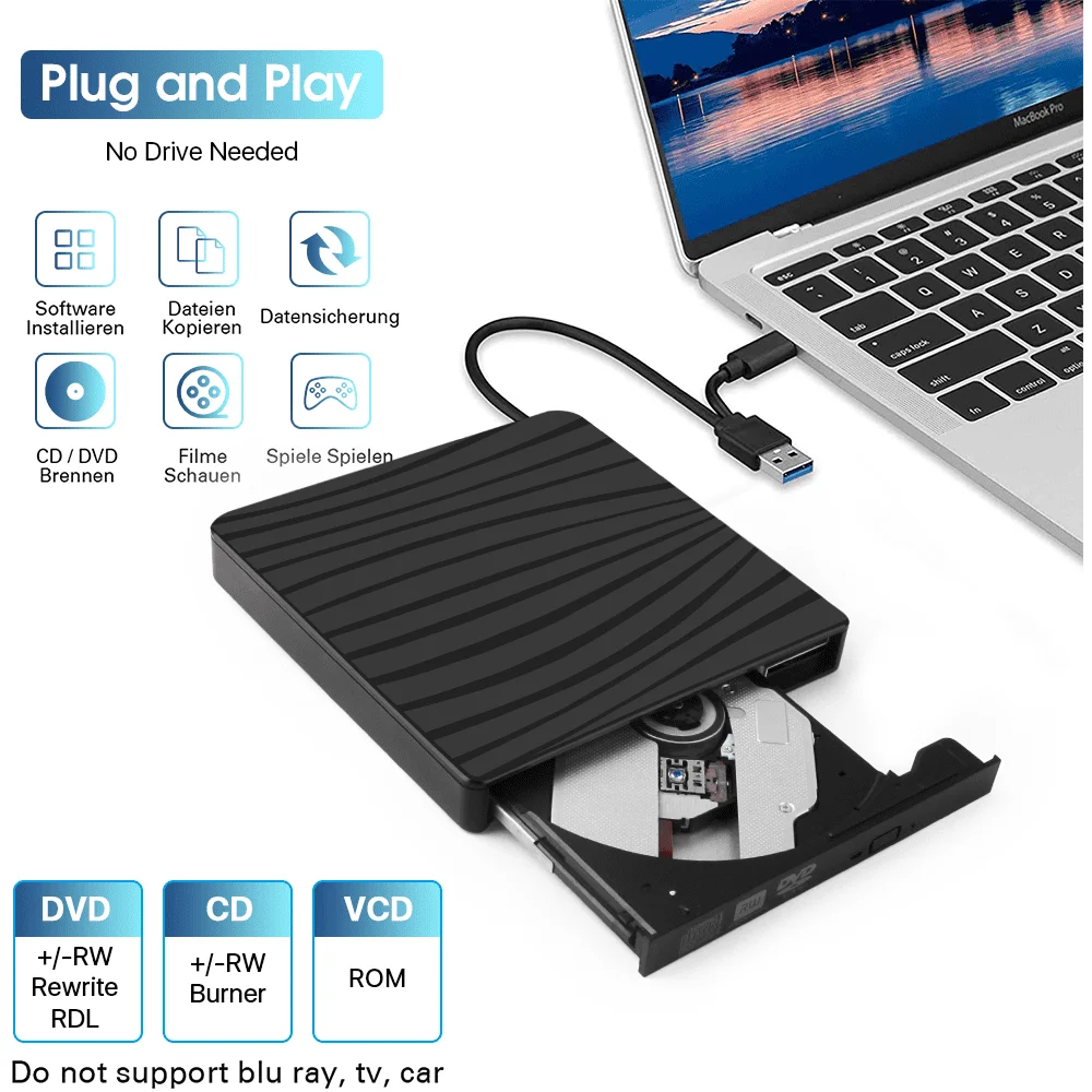 محرك أقراص CD/DVD خارجي لأجهزة الكمبيوتر المحمول ثنائي الرأس USB A/C 3.0 مشغل أقراص DVD محمول +/-RW قارئ CD ROM ناسخ القرص الكاتب