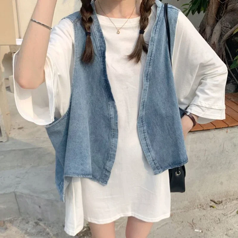 الدنيم سترة تي شيرت مجموعات النساء أزياء الصيف تصميم فضفاض الترفيه بسيط الطلاب كل مباراة اليومية الكورية نمط الصلبة الكلاسيكية الجديدة