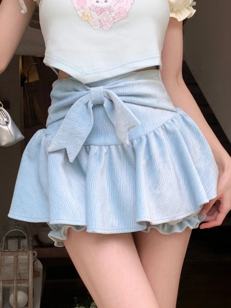 Summer Blue Japanese Kawaii Mini Skirt Women Hight Waist Sweet Cute Cake Skirt Female Bow Korea Casual Princess Mini Skirt 2023