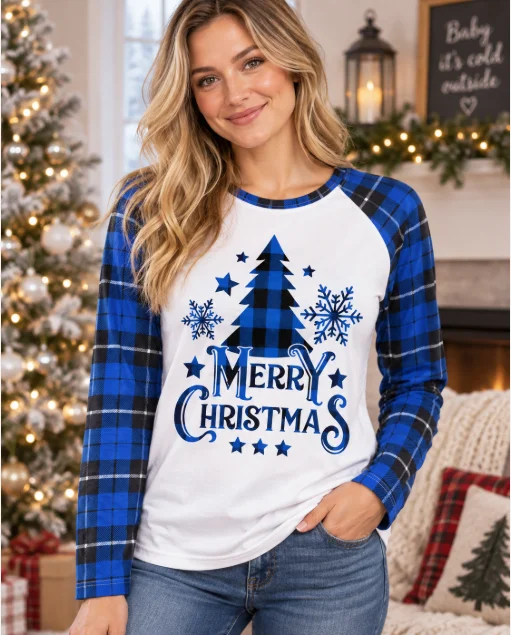 Merry Christmas Long Sleeve Top Blue Checkered Splicing T-shirt Christmas Tree Snowflake Print Casual Party T-shirt