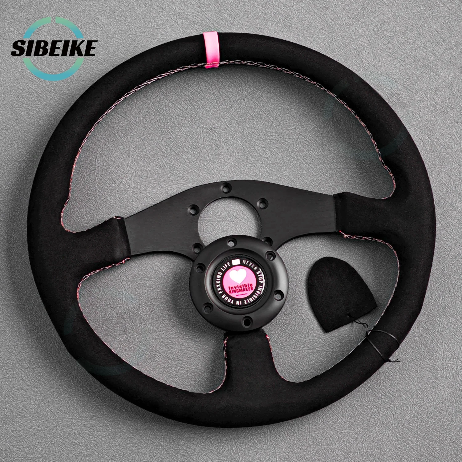 Volante Deportivo JDM de Gamuza con Costuras Rosas, Universal de 350 mm, para Simulación de Carreras, Tuning y Drifting