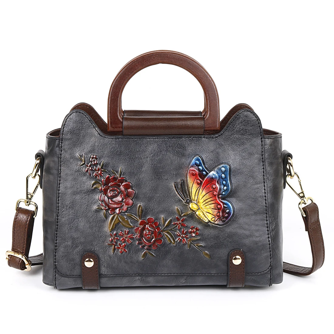 

Women Shoulder Bag Retro Genuine Leather Floral Handbag For Women Embossed Butterfly Tote Bag Luxury Vintage Bag Ladies