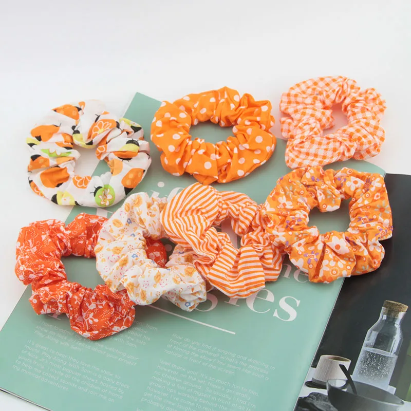 7Pcs Autumn Print Hair Scrunchies for Women Orange Hair Ties Assort Summer Hair Accessories for Girls Hair Band Ponytail Holders