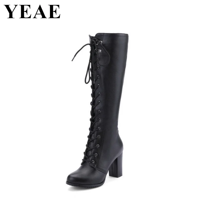 Winter Autumn Lace Up Knee High Boots Women Round Toe Chunky Knight Boots Ladies Cross-tied High Heels Motorcycle Boots 2024