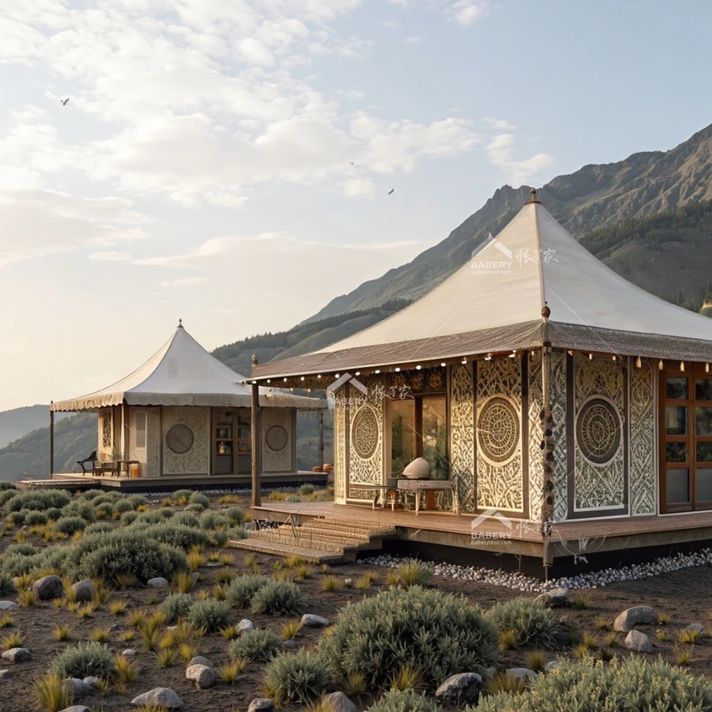 Tienda de campaña Glamping de lujo personalizada con techo PVDF impermeable, marco de aluminio duradero para hoteles y resortes, alojamiento al aire libre