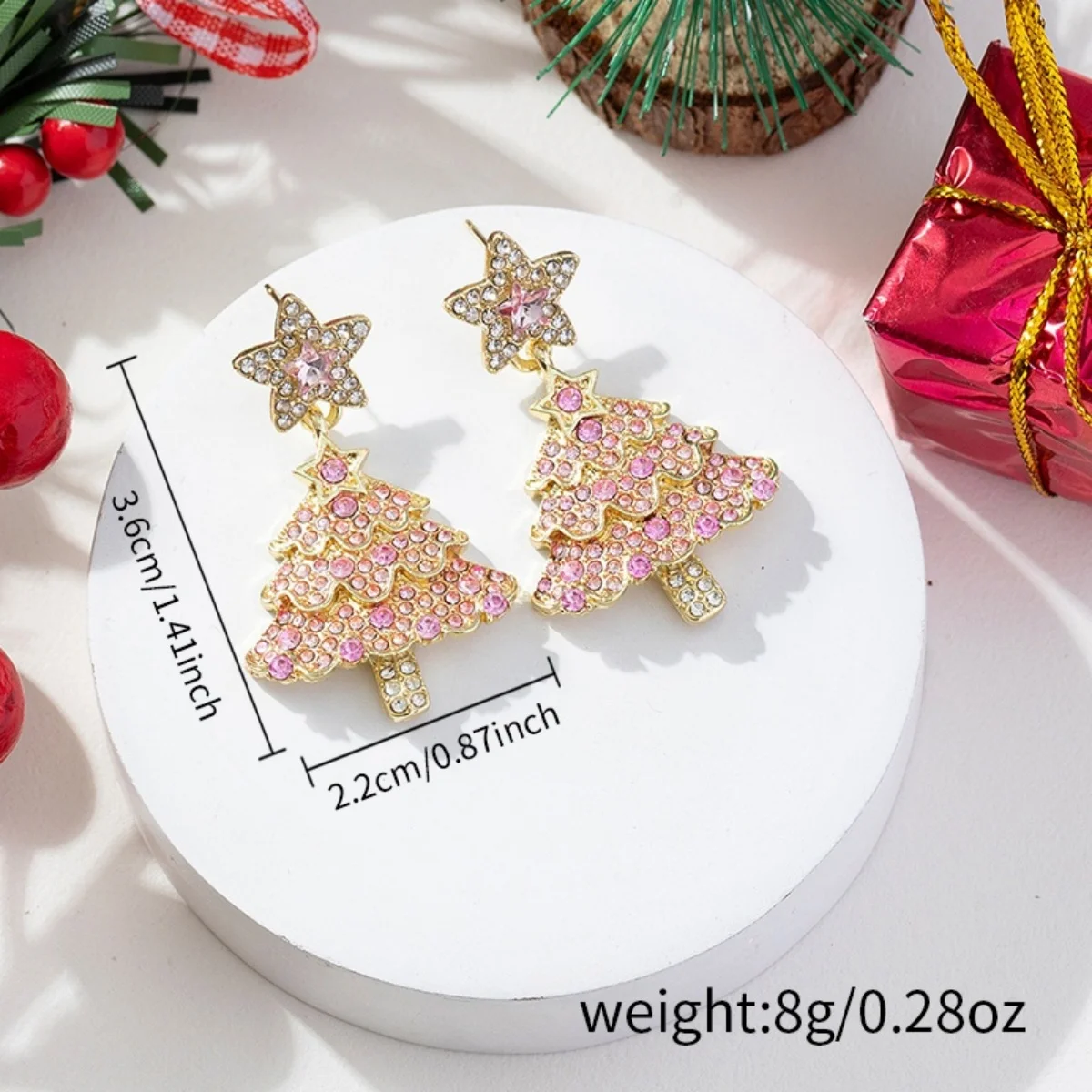 Glitzerndes, vollrosa Strass-Weihnachtsbaum-Halsketten- und Ohrring-Set für Damen, zartes, süßes Stern-Weihnachtsbaum-Schmuckset für Neujahr. – Detail 31