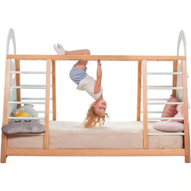 Double game bed frame with slide climbing wall solid wood indoor play set