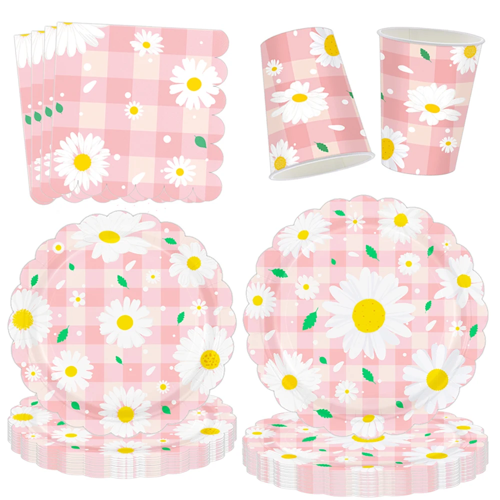 Daisy Party Tableware Decorations Daisy Paper Plates Cups Napkins for Flowers Summer Groovy Boho Girls Birthday Party Supplies