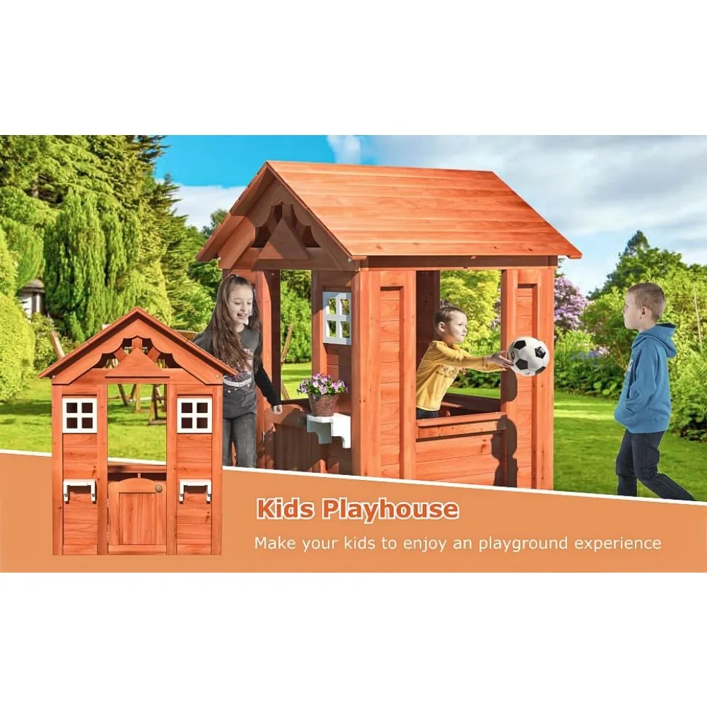 Outdoor Playhouse for Age 3-6 Years Boys Girls, Wood Cottage Playhouse with Door Windows Flowerpot Holders & Serving Station