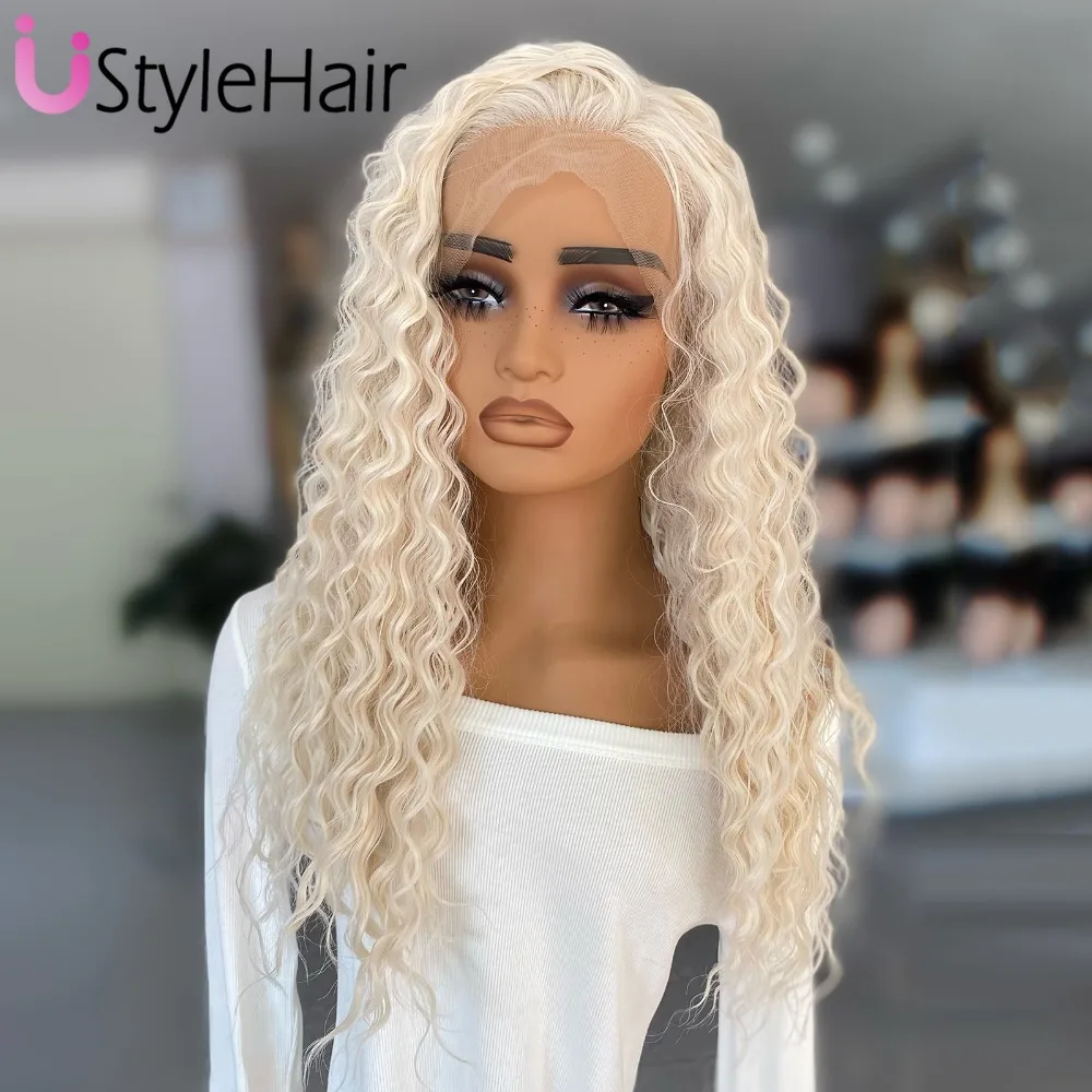 

UStyleHair Платиновый кудрявый парик, синтетический парик на шнуровке спереди, длинный кудрявый парик на шнуровке для ежедневного использования, парики для косплея, натуральные волосы 18-26 дюймов