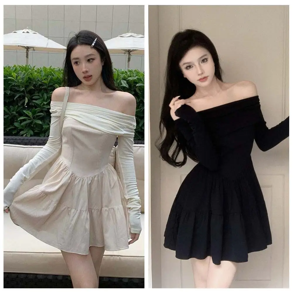 

Spicy Girl Long Sleeved Slim Short Skirt Slim Fit Lightweight One Collar Dress Y2K Leisure A-line Short Skirt Club