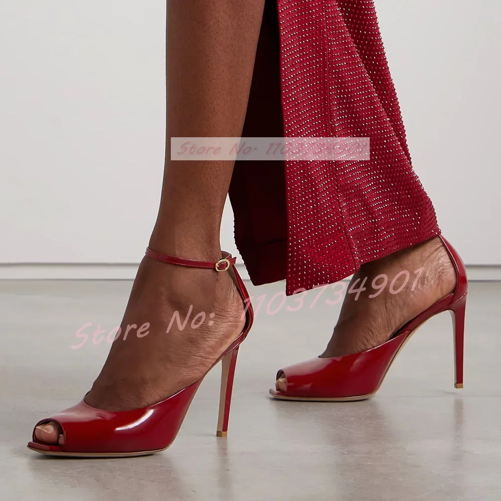 

Red Peep Toe Ankle Strap Sandals Women Fashion Square Toe Patent Leather Thin Heeled Shoes Lady Sexy Chic Nifty Elegant Sandals