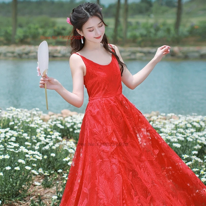 

2024 chinese traditional dress vintage mesh flower sleeveless dress national princess chiffon hanfu sundress retro a-line dress