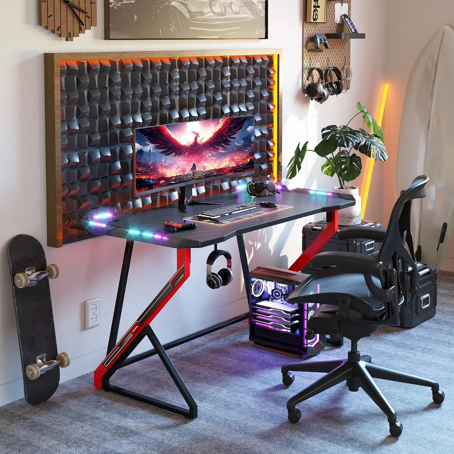 Z Shaped Computer Desk, Gamer Workstation, Gaming Table com Superfície De Fibra De Carbono, PC Gamer Desk, Preto, 40"