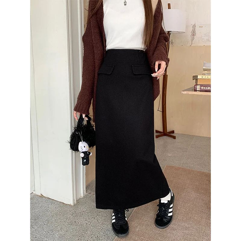 MEXZT Vintage Slit Midi Skirts Women Woolen Split A Line Skirt Streetwear Korean High Waist Solid Slim Chic Skirts Autumn Winter