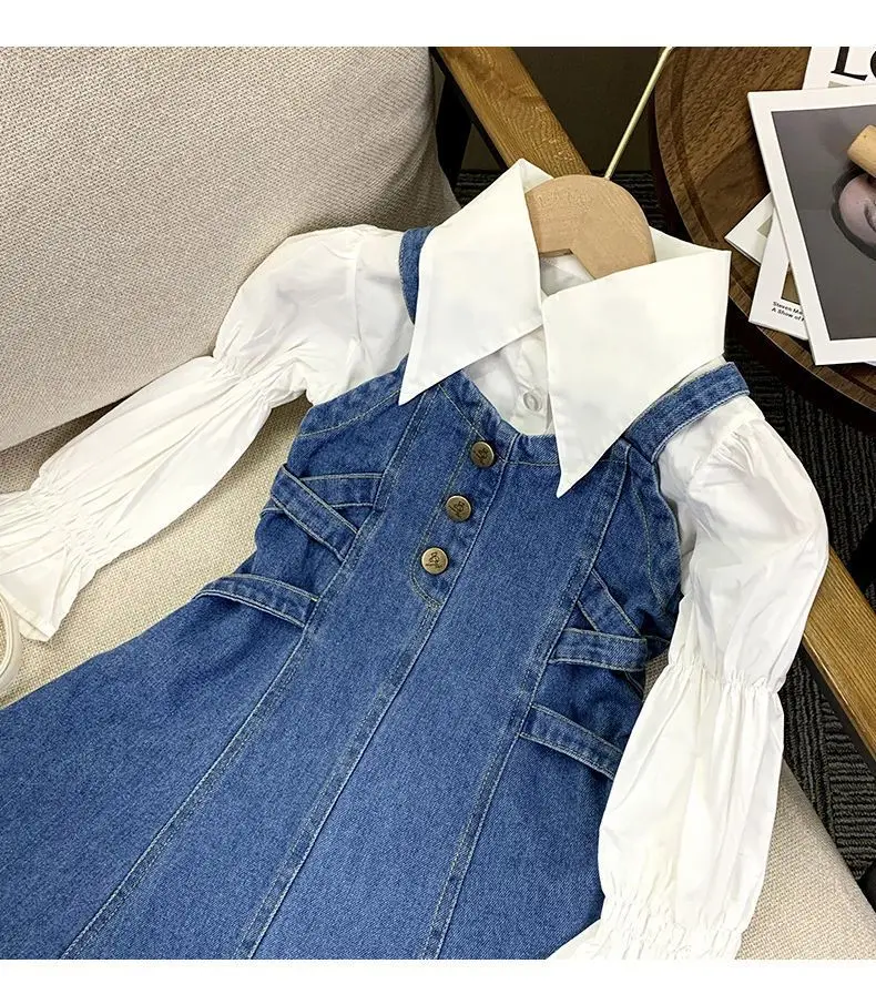 New Baby Girls Teenage  Fall Fashion Sets Long Sleeve White Blouse  + Jean Vest Dress  Princess Sweet  Suits  4-12T