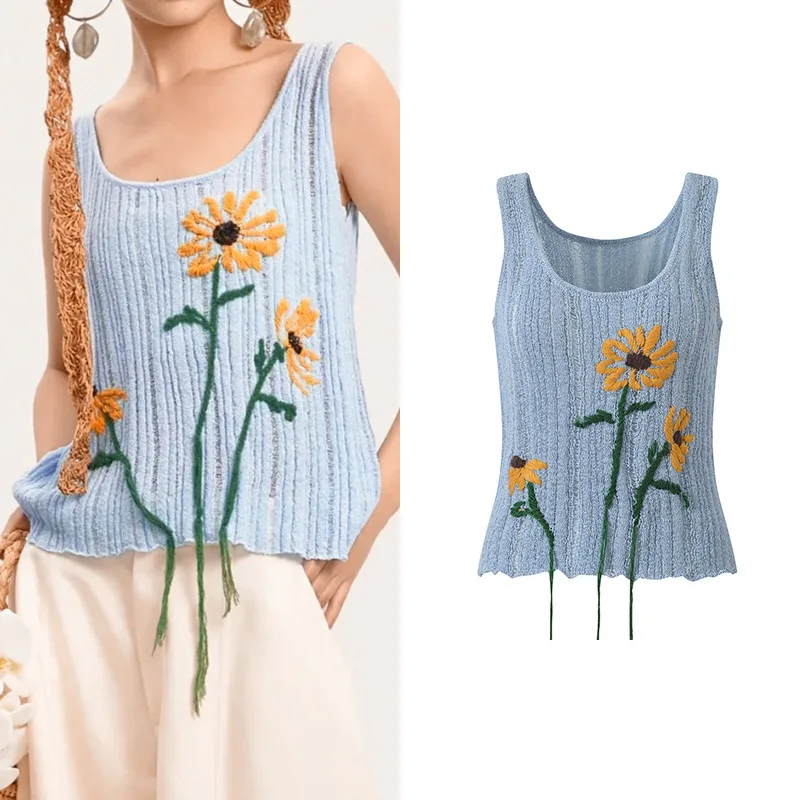 

Лето 2025 г., новый дизайн Sensation 3D Hook Flower ort Svel, вязаный жилет на бретелях, топ, женский комплект для поездок на работу, материал из ледяного шелка