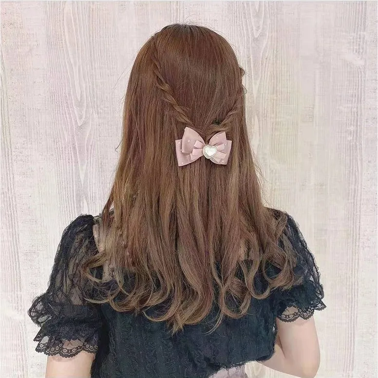 القوس النسائي للشعر الوردي Lolits لينة الإناث الراين اللؤلؤ مقاطع الشعر Jirai Kei دبوس الشعر المؤنث إكسسوارات الشعر