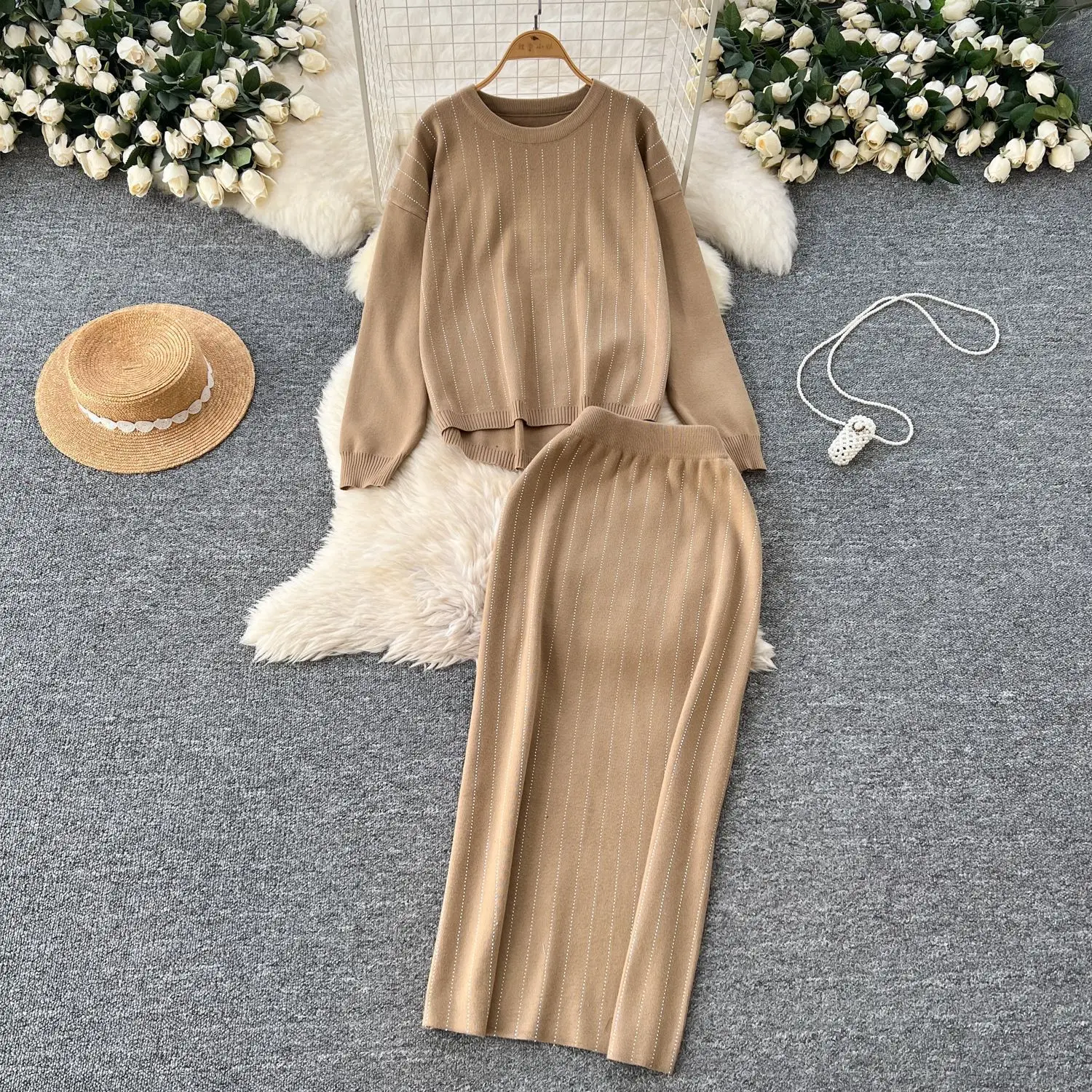

Women Skirt Sets Two Piece Sweater Set Full Sleeve Knit Tops Dress Sets Wrap Hip Skirts Casual Top Diamonds Spliced Autumn 2025