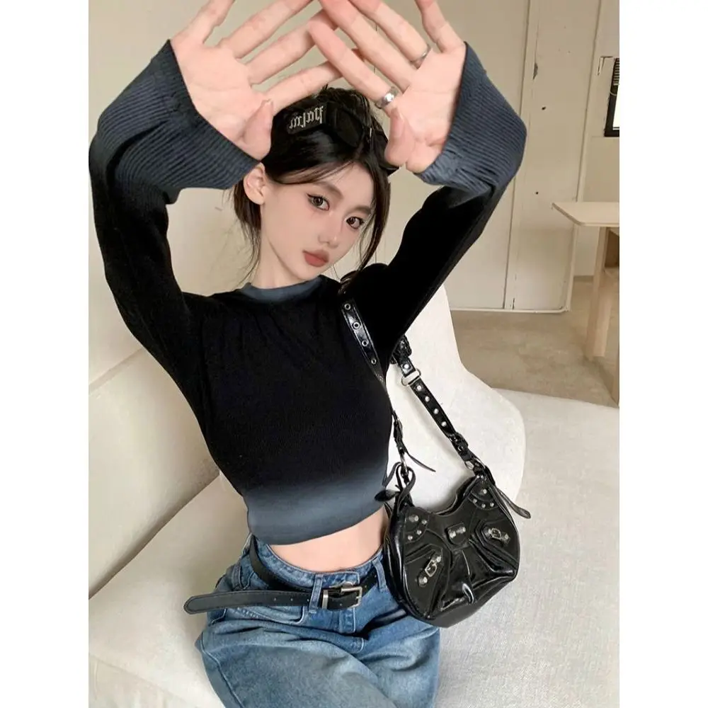 Slim Fit High Waist Short Sleeveless Women's T-shirt Gradient Black round Neck Long Sleeve Base Shirt Weight Loss Effect Grey