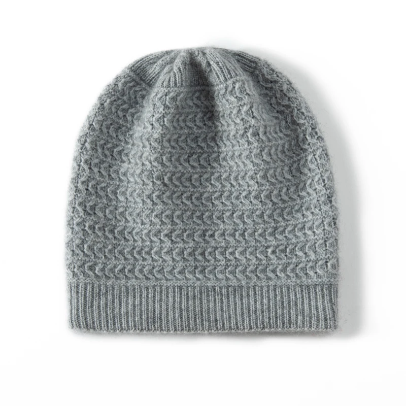 KOIJINSKY Women Autumn Winter 35% Cashmere 65% Merino Wool Knitted Beanie Hat Wave Grid Textured Elastic Slouchy Warm Windproof