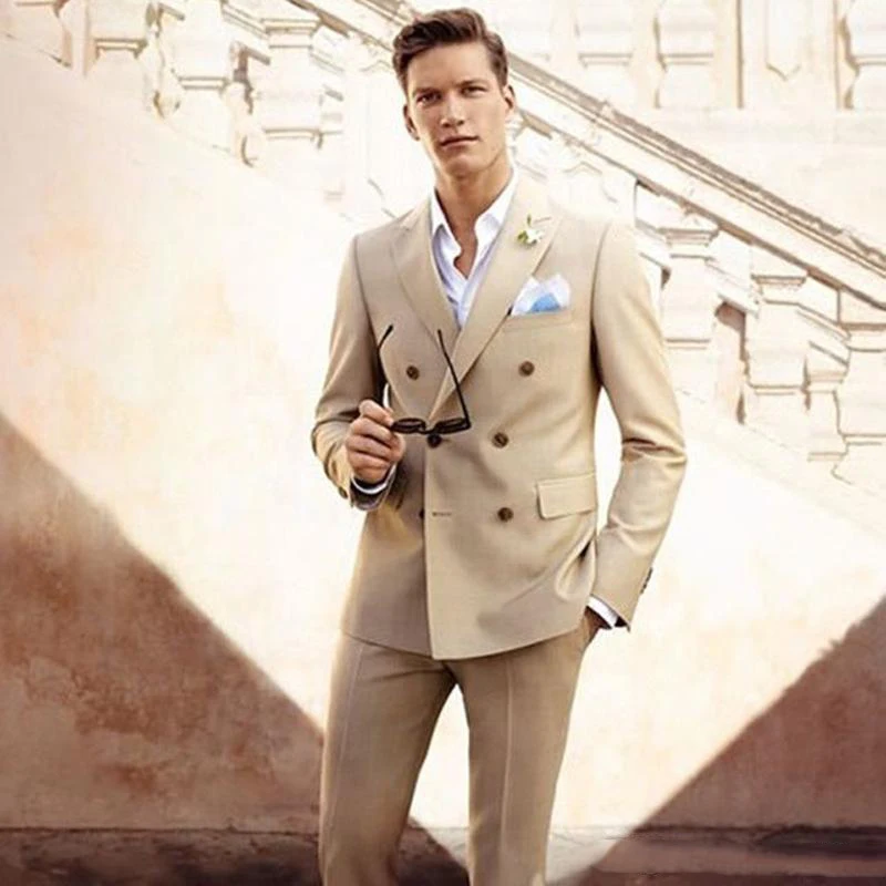 

Custom Made Beige Men Suits for Wedding Groom Tuxedos Double Breasted 2 Pieces (Jacket+Pants) Best Man Blazer Prom Wear Costume