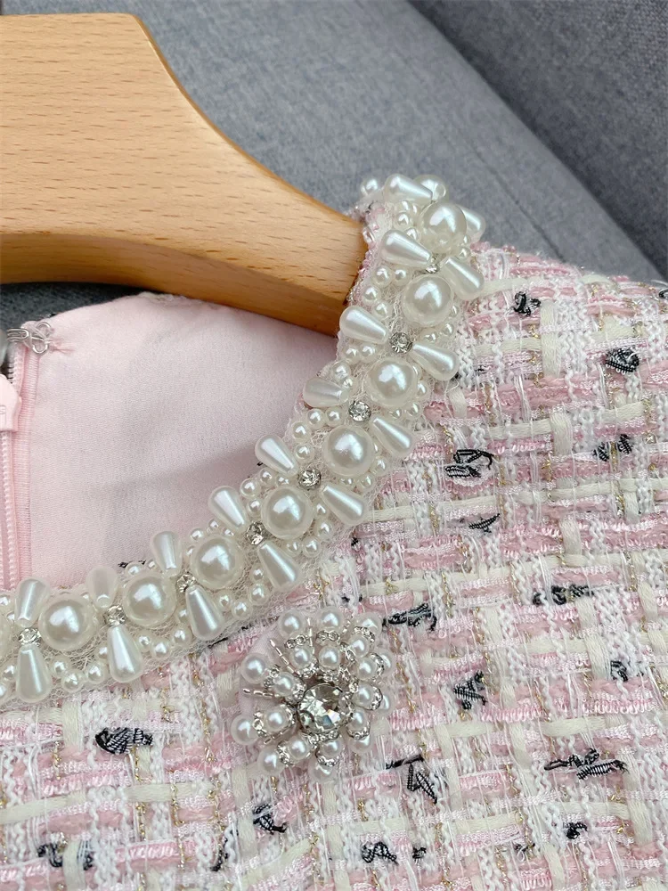 Light Pink Lace Prom Dress Round Neck Short Sleeve Diamond Decorated Elegant Mini dress