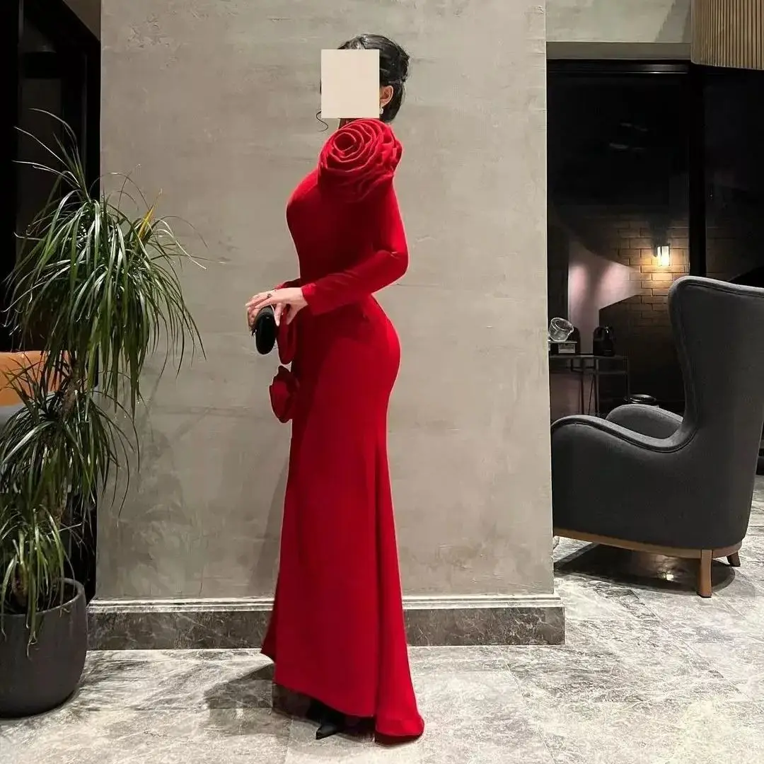 Aenyrst Elegant Red 3D Flowers Prom Dress High Neck Long Sleeve Party Evening Gown cuatomized Floor Length Formal Occasion Gowns