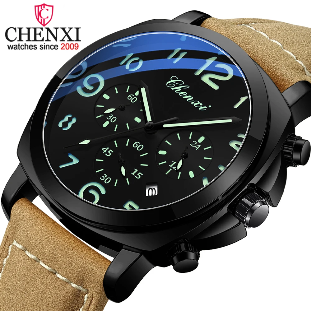 

CHENXI Роскошные кварцевые мужские часы Светящийся водостойкий хронограф Дата Кожаные мужские наручные часы Военные спортивные мужские часы Reloj
