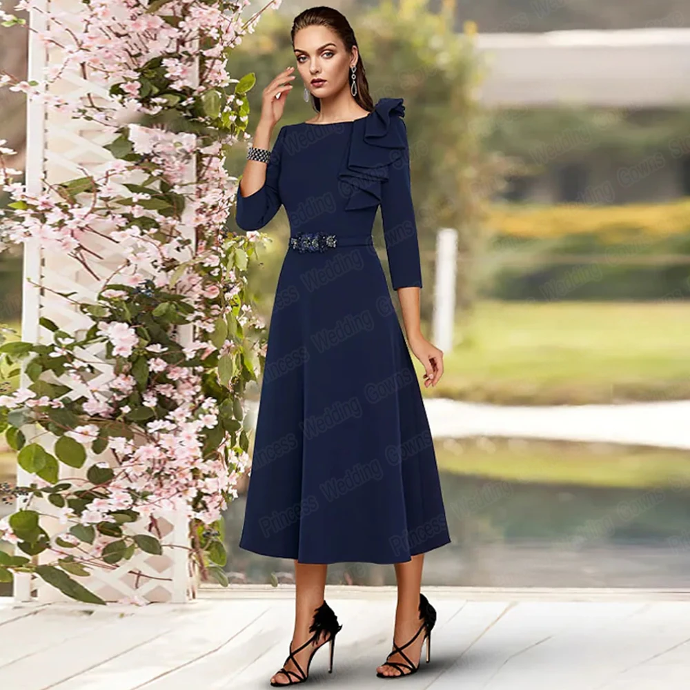 Tea Lengh Elegant Mother Of The Bride Dress For Weddings A Line Scoop Neck Formal Guest Party Gown 3/4 Sleeve Robe De Soriee Zip