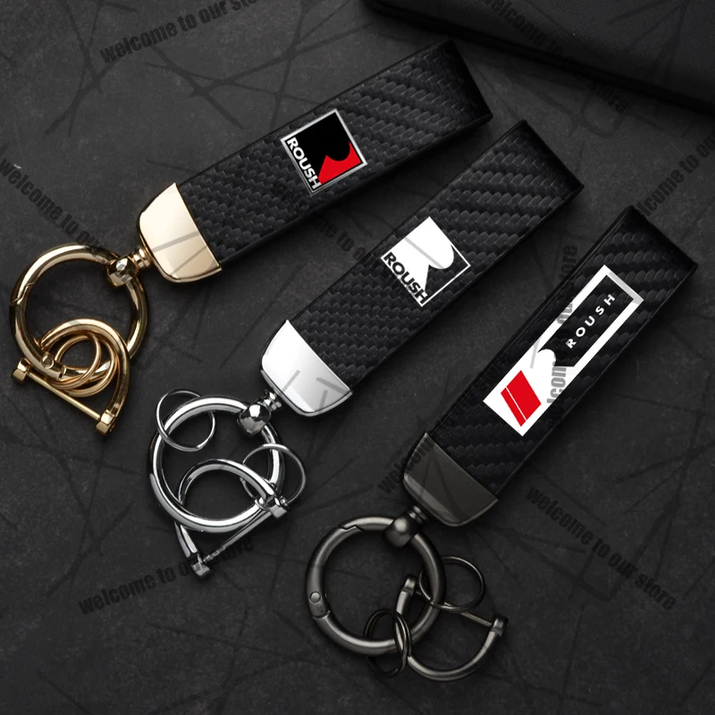 Car Keychain ROUSH Logo Carbon Fiber Leather Zinc Alloy Emblem For Ford Focus F-150 Ranger Shelby GT 500 Key Chain Accessories