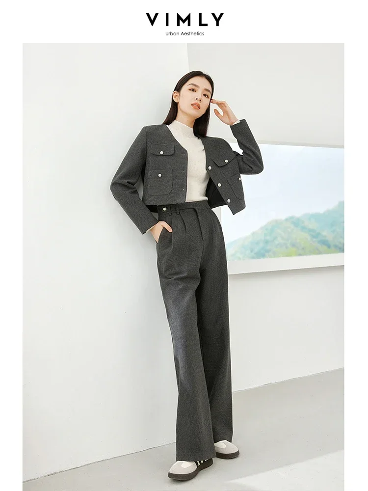 Vimly Simpe Sets for Women 2 Pieces V-neck Thick Cropped Jacket Wide Leg Pant Autumn Office Ladies Elegant Matching Sets M5726