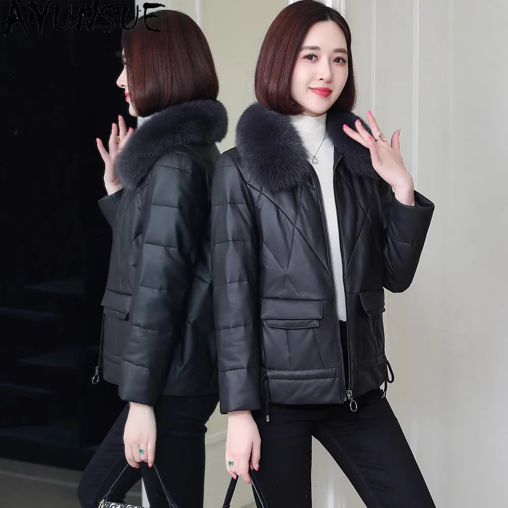 AYUNSUE 양피 정품 가죽 자켓 여성 90% 화이트 오리 다운 코트 여성 의류 겨울 따뜻한 여우 모피 CollarJaqueta Couro