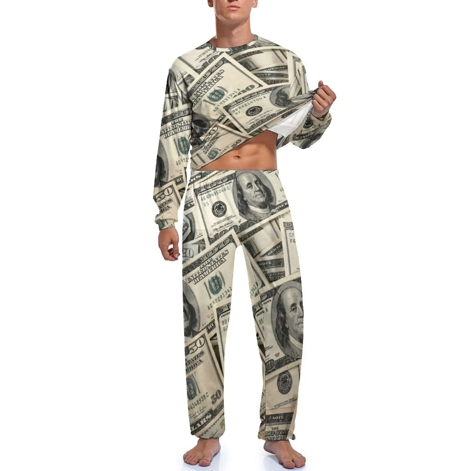 Dollar Pajamas Money Currency Male Long Sleeve Trendy Pajama Sets 2 Pieces Casual Autumn Pattern Nightwear Gift