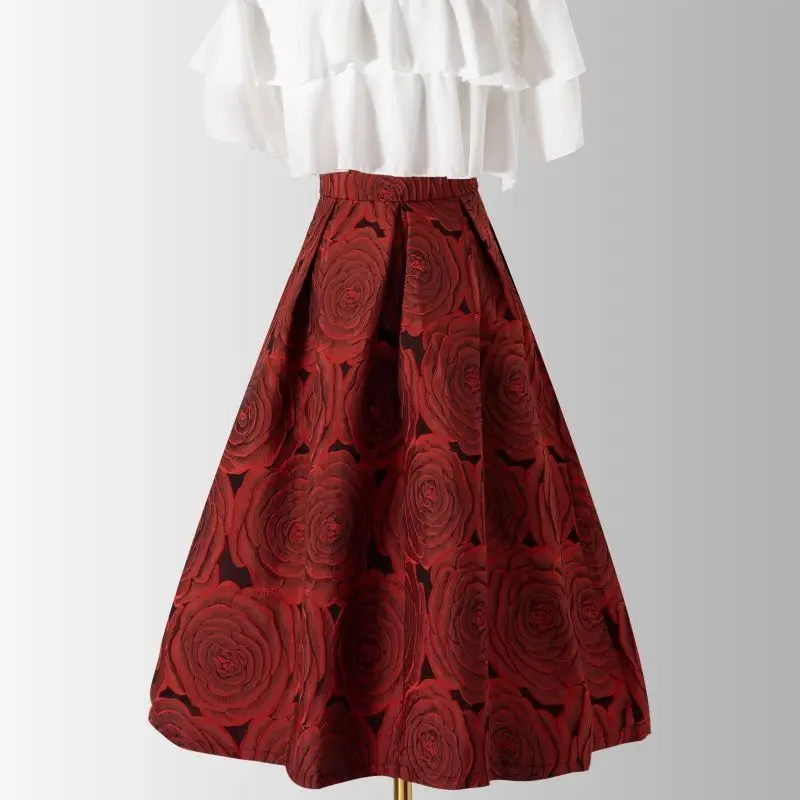 New Hepburn Vintage Elegant Women Red Flower Fashion Retro Floral Aesthetic Jacquard High Waist Long A-Line Pleated Skirt M152