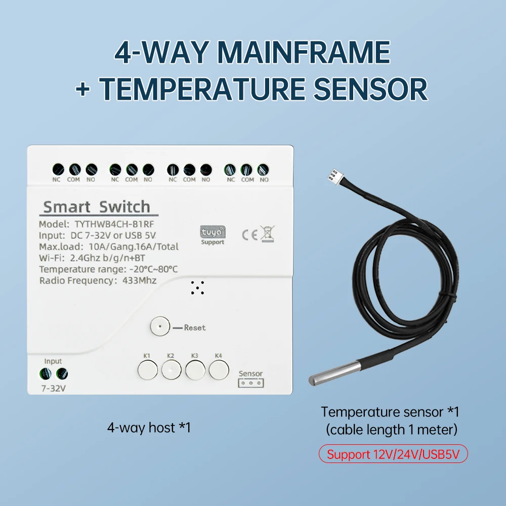 Tuya Smart WiFi 4-Kanal-Relais DC 7-32V/AC 85-250V 10A mit Temperatur- und Feuchtigkeitssensor, passiver Trockenkontaktschalter für Zuhause – Detail 14