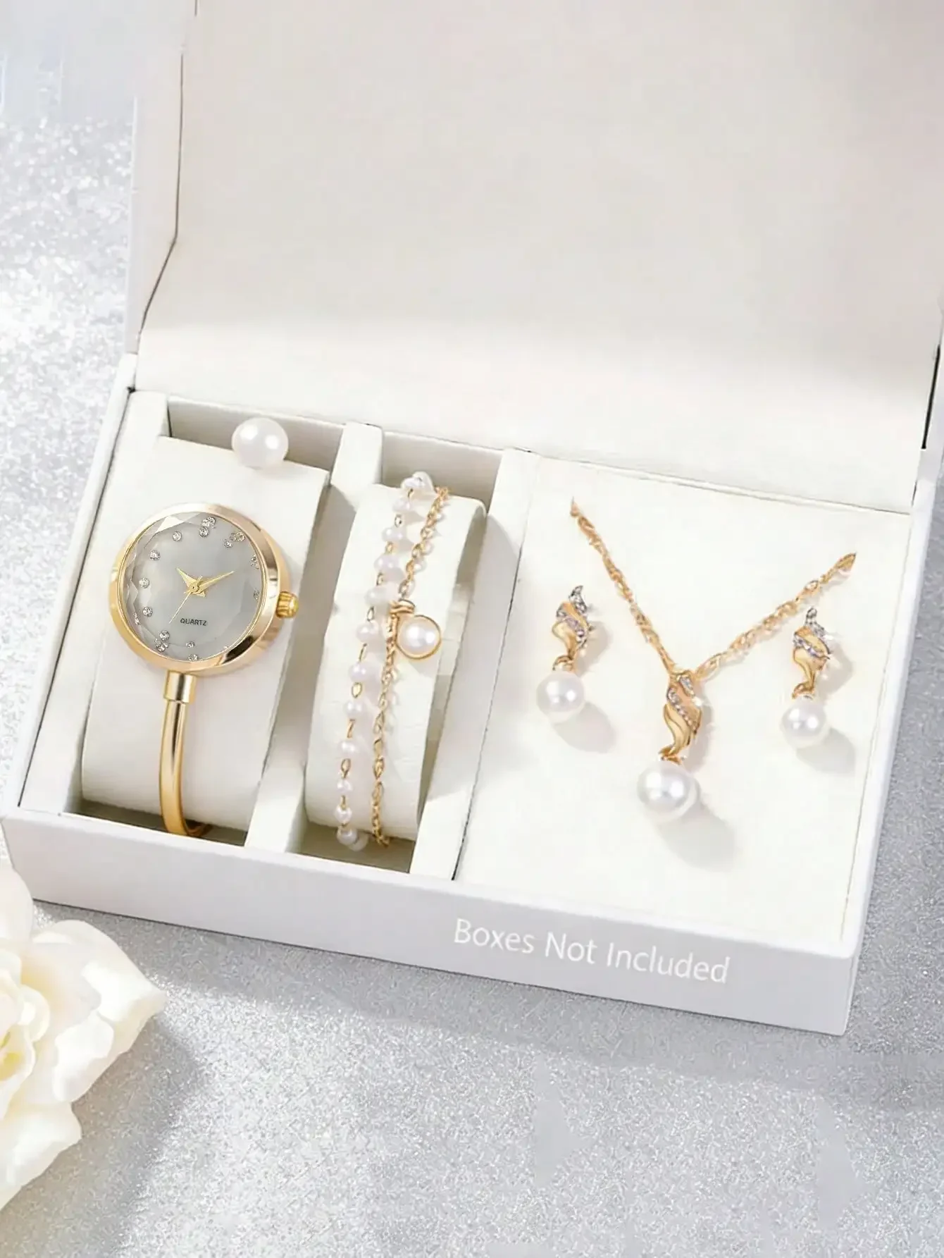 Women's Watch, Elegant Heart-Shaped Dial Quartz Watch, With Faux Pearl Necklace, Earrings And Bracelet