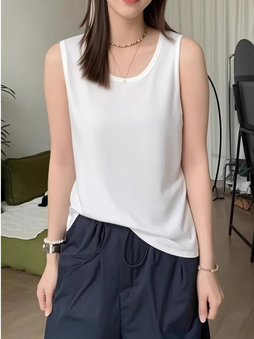 Women's Loose Cotton Tank Top 95% Cotton Sleeveless Summer Spring New Style plus Size Inner Wear Belly Concealing Pure Color