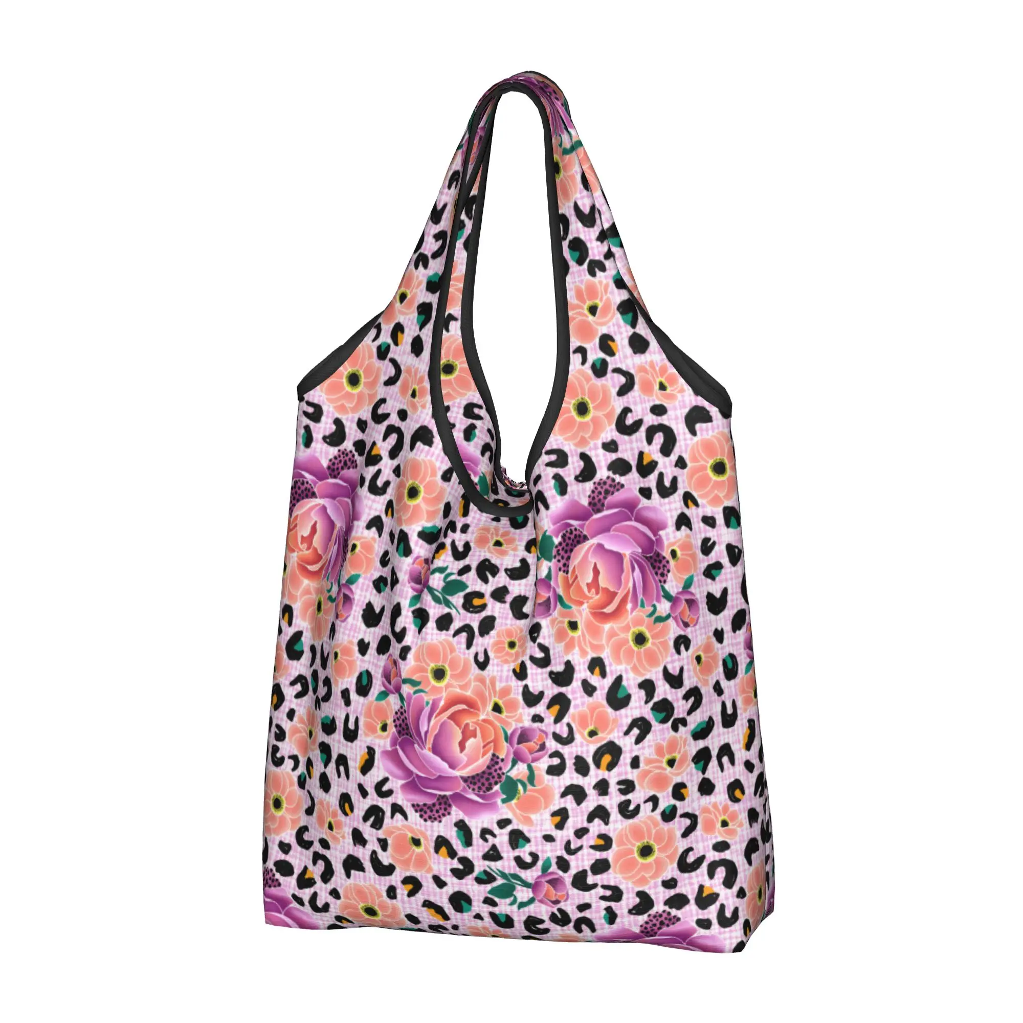 Fashion Floral and Leopard  Shopping Tote Bags Portable Wild Bloom Peach and Magenta  Groceries Shoulder Shopper Bag