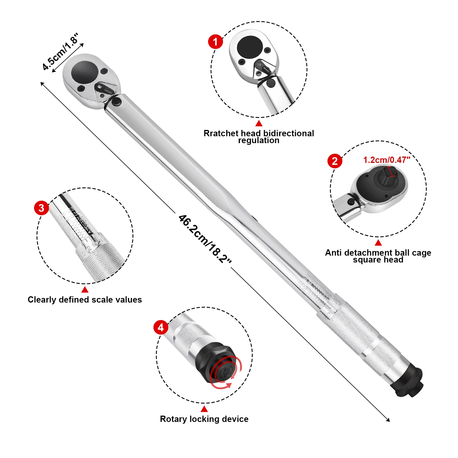 BRIEFNESS 28-210Nm 1/2'' Drive Ratchet Torque Wrench Reversible Ratchet Torque Wrench Mechanical Repair Ratchet Torque Wrench