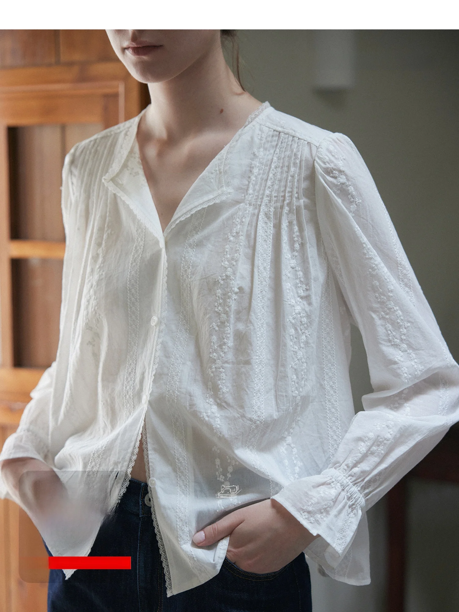 

Nice People 2025AW Cotton 00% Long Sve Embroidered Floral round Ne irt French Sle Straight Cut Breathable Comfortable