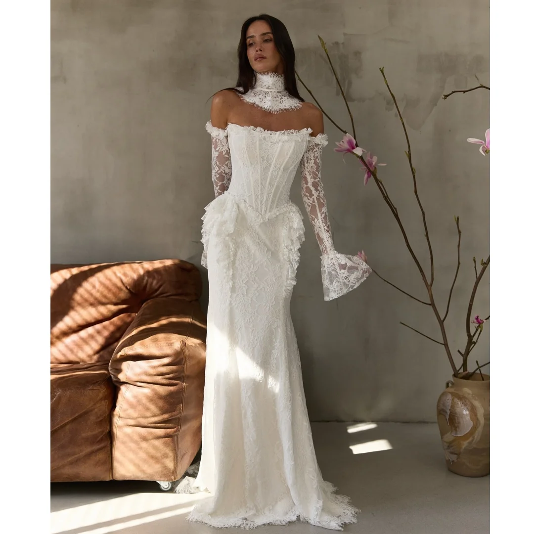 Ivory Mermaid Wedding Dresses Bustier Corset Long Sleeves Lace Appliqued Bridal Gown Luxury Party Dress Customized