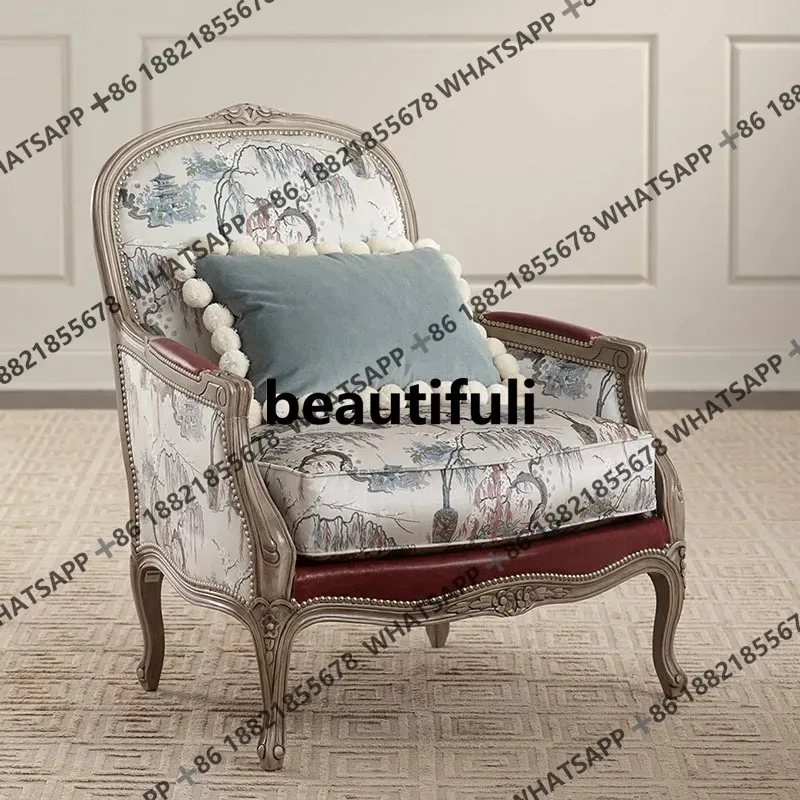 

R French printed solid wood single chair household living room leisure chair American country sofa bedroom H