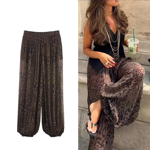Pantalones acampanados informales y elegantes para mujer, pantalones translúcidos con estampado de animales Vintage, ropa de calle de otoño 2025