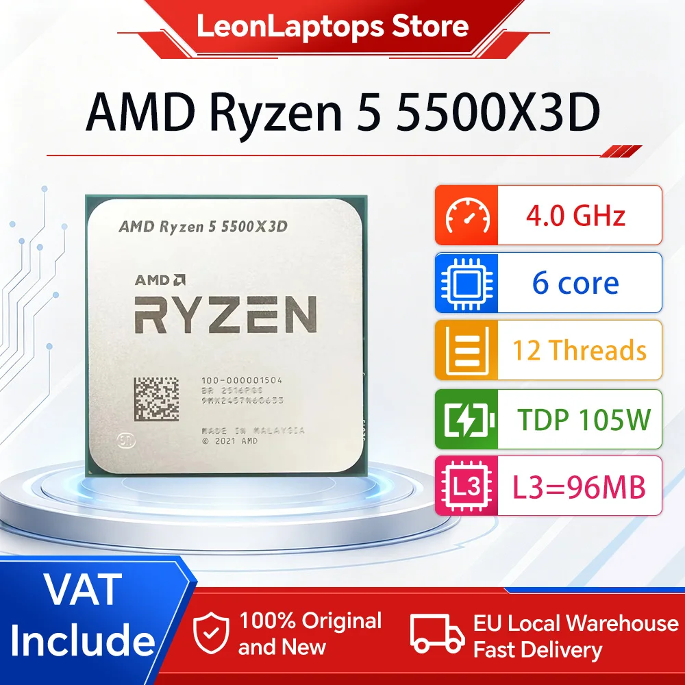 Procesador AMD Ryzen 5 5500X3D, 6 Núcleos, 12 Subprocesos, 96 MB de Caché 3D V-Cache, 105 W, CPU AMD 5500X3D, Socket AM4, Zen3, 7 NM, Frecuencia de Aceleración de 4.0 GHz, Sin Ventilador; Ryzen 5