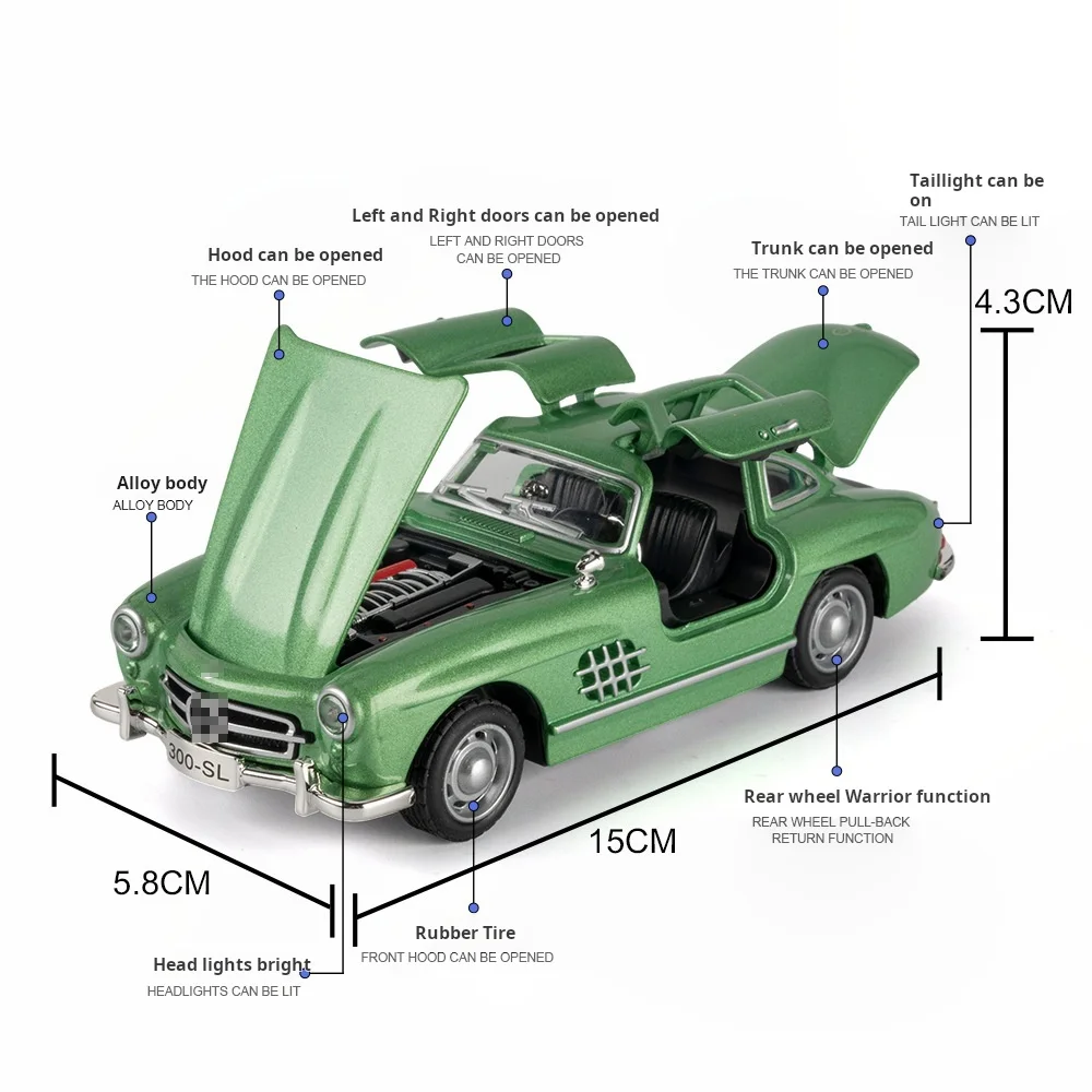 1:32 Scale 300SL Miniature Vintage Car Model Toys Alloy Diecast Sound Light Doors Opened Pull Back Ornament Model for Kids Gifts